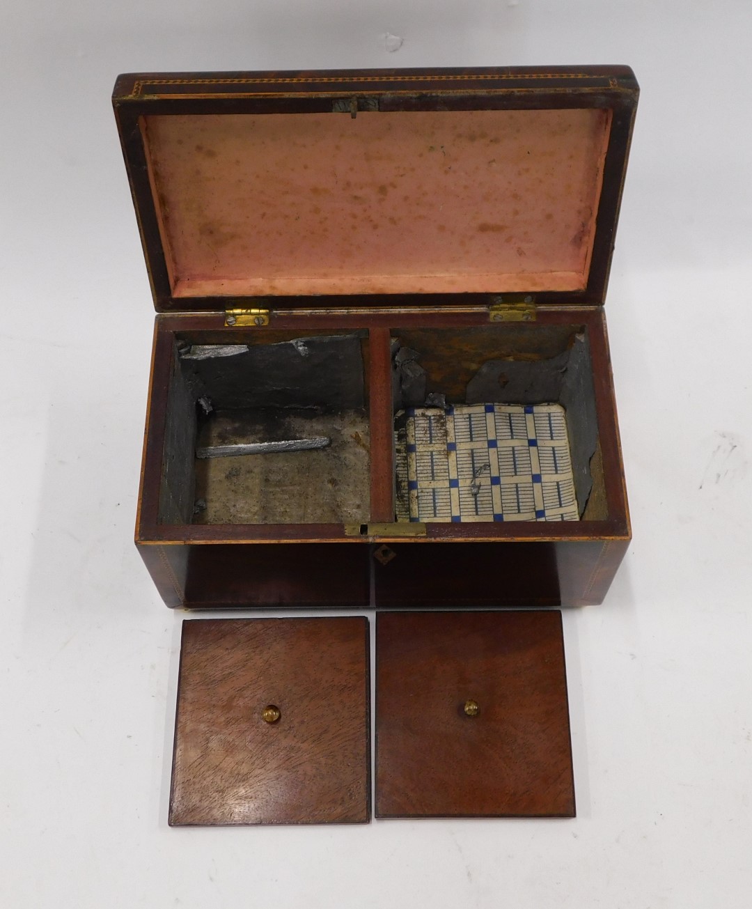 A 19thC mahogany and chequer banded tea caddy, the hinged lid enclosing two lidded divisions, on bra - Image 2 of 2