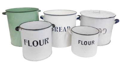 Three enamel circular bread bins, one on white and blue border, 31cm diameter, another cream and blu