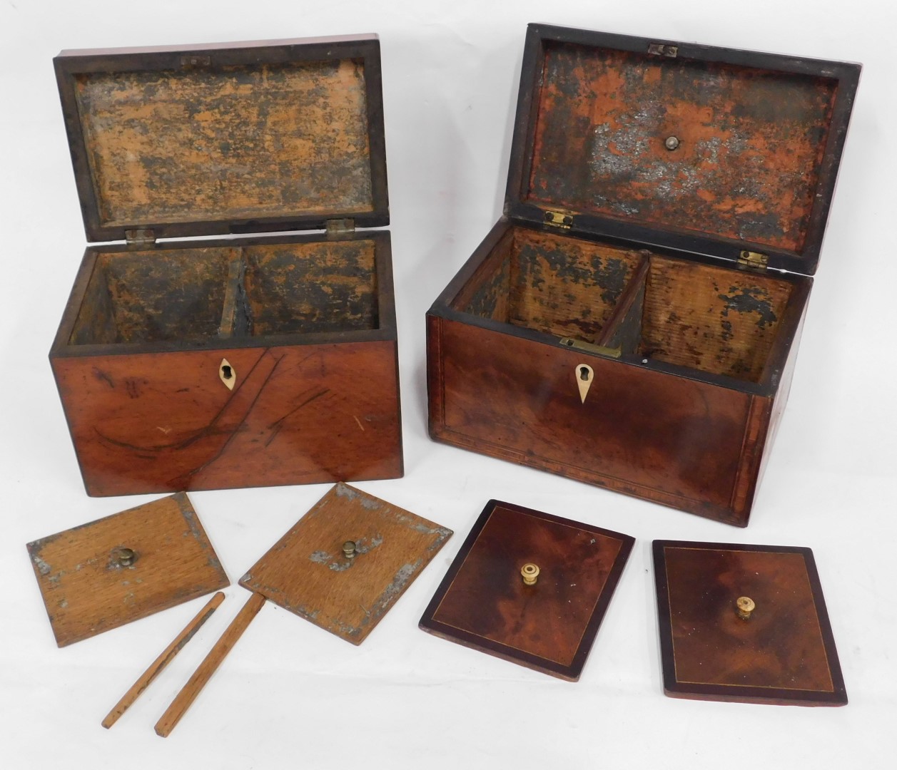 Two 19thC mahogany tea caddies, one with shell inlay and vacant interior, the other with rosewood cr - Image 2 of 2
