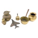 Miscellaneous brassware, to include small preserve pan, two lidded vessels, aeroplane and a bell.