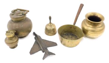 Miscellaneous brassware, to include small preserve pan, two lidded vessels, aeroplane and a bell.