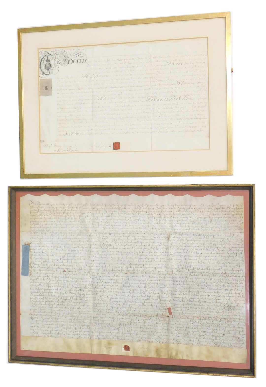 An early 18thC indenture, between a Henry Aghonby of Cumberland and a Thomas Lowry, dated 1726 and s