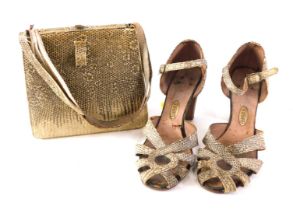 A pair of ladies 1940s snake skin sandals, and associated hand bag, retailed by Barratts. (2, AF)