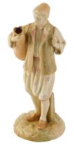 A 19thC Royal Worcester blush ivory figure, of gentleman carrying pail, with purple stamp to undersi