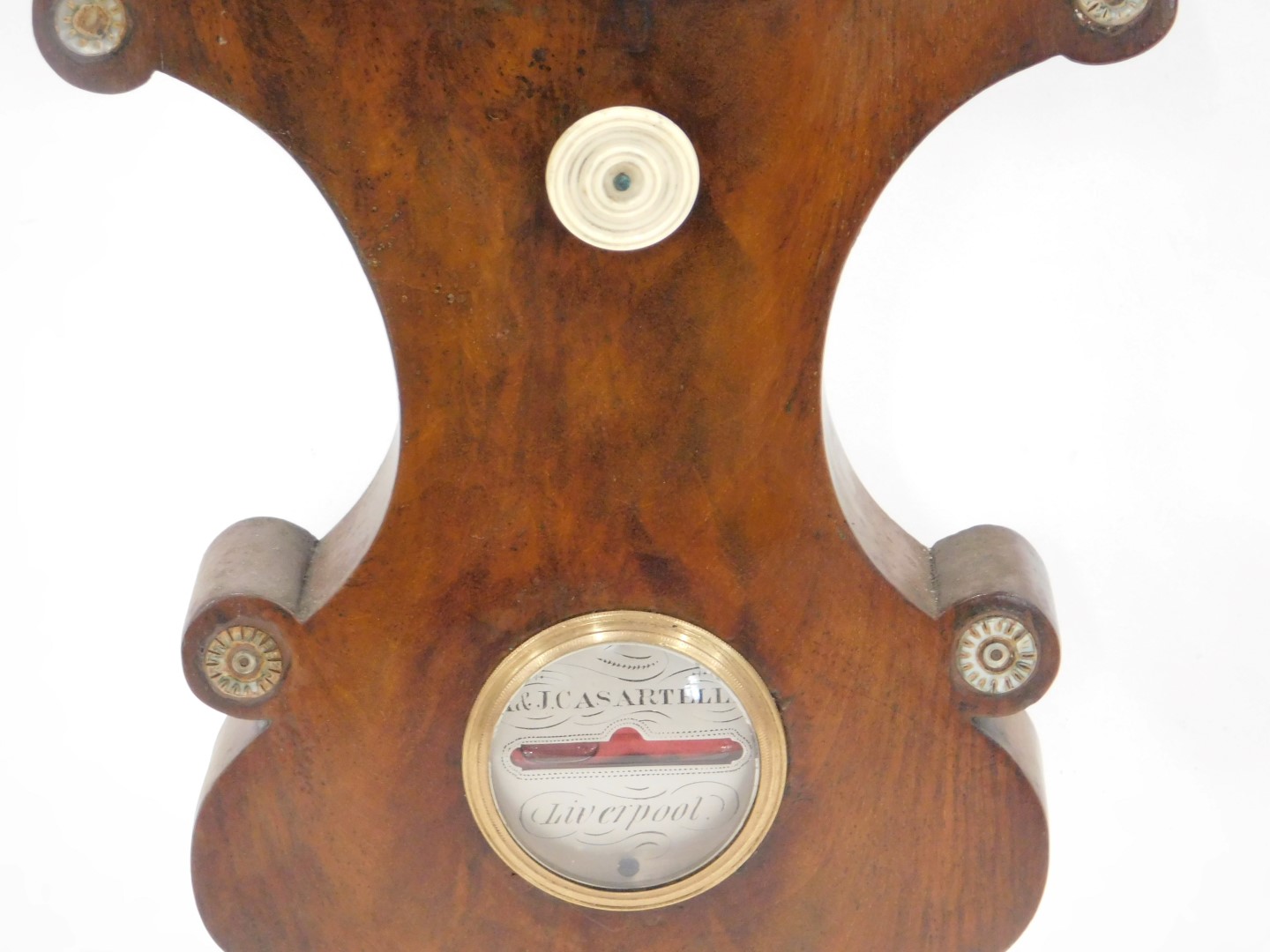 A 19thC figured mahogany wheel barometer, stamped A&J Casartelli, Liverpool, with silvered dial and - Image 3 of 3