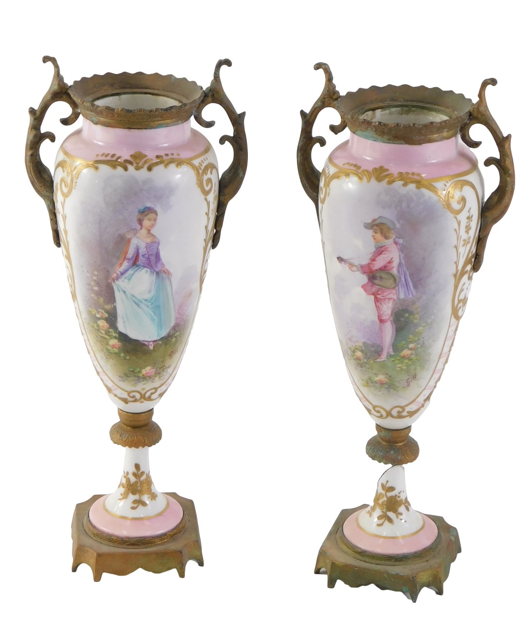 A pair of Continental porcelain and ormolu urns, each on a pink and white ground depicting transfer