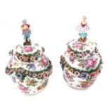 A pair of Dresden porcelain vases and covers, each painted with flowers and with flower encrusted ba