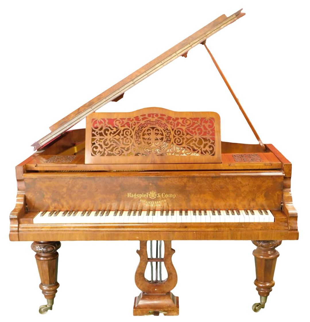 A late Hagspiel and Company Dresden grand piano, in a burr and figured walnut case, simulated ivory