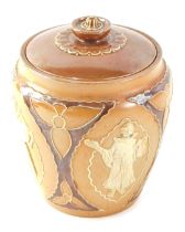 A 19thC Doulton Lambeth tobacco jar and cover, of circular form, with raised papal figures, 14cm hig