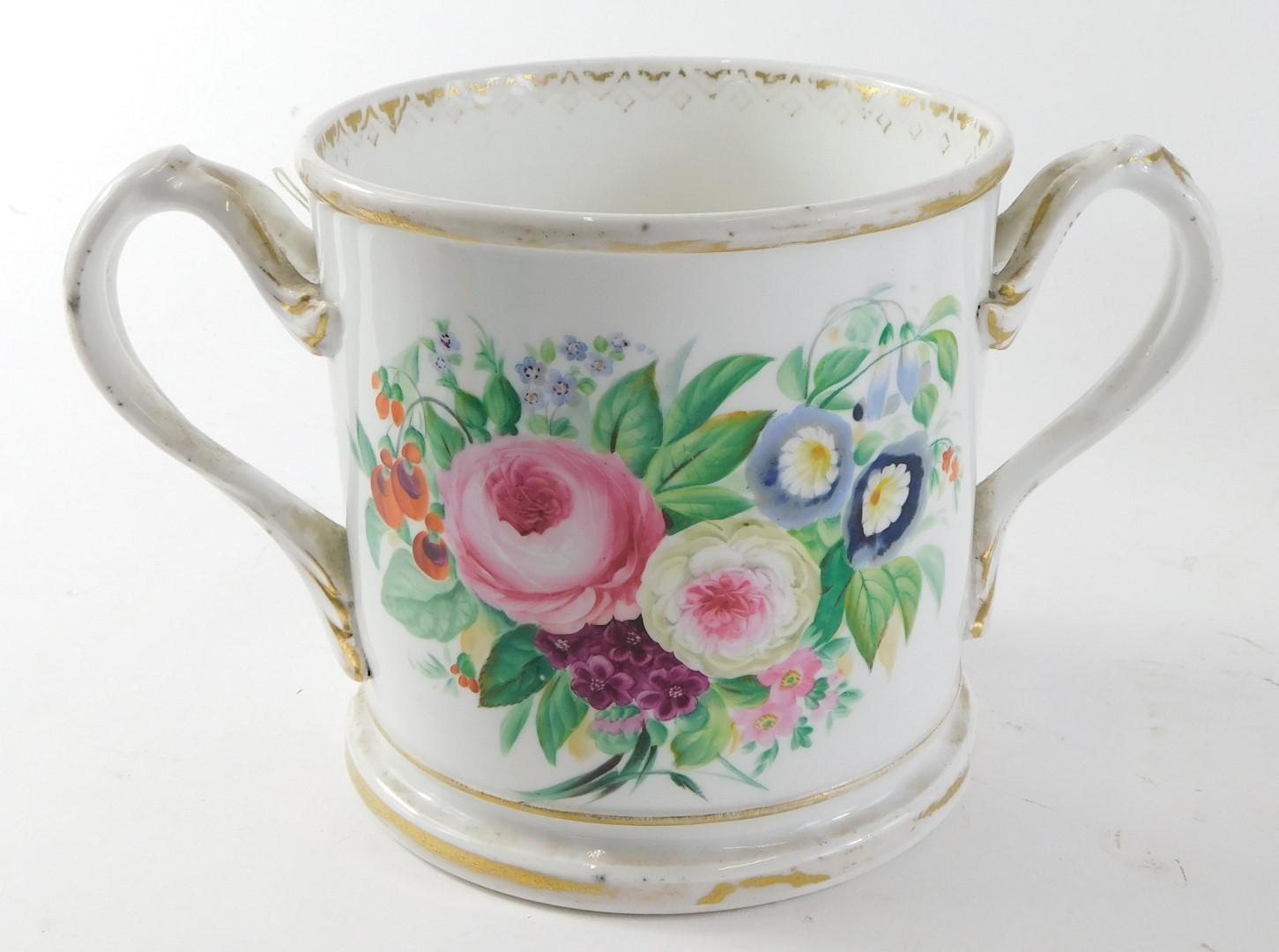 A 19thC Staffordshire loving cup, with indistinct name, dated 1862, 22cm wide, another similar, pain - Image 2 of 3