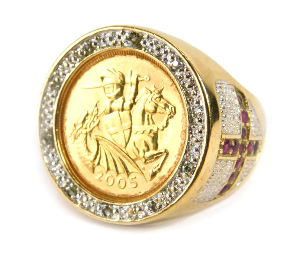 A Queen Elizabeth II St George half gold sovereign ring, the sovereign dated 2005 with warrior on ho