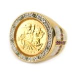 A Queen Elizabeth II St George half gold sovereign ring, the sovereign dated 2005 with warrior on ho