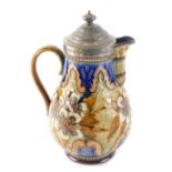 A 19thC Royal Doulton lidded jug, the top mounted with silver plated mounts, on a floral glazed body