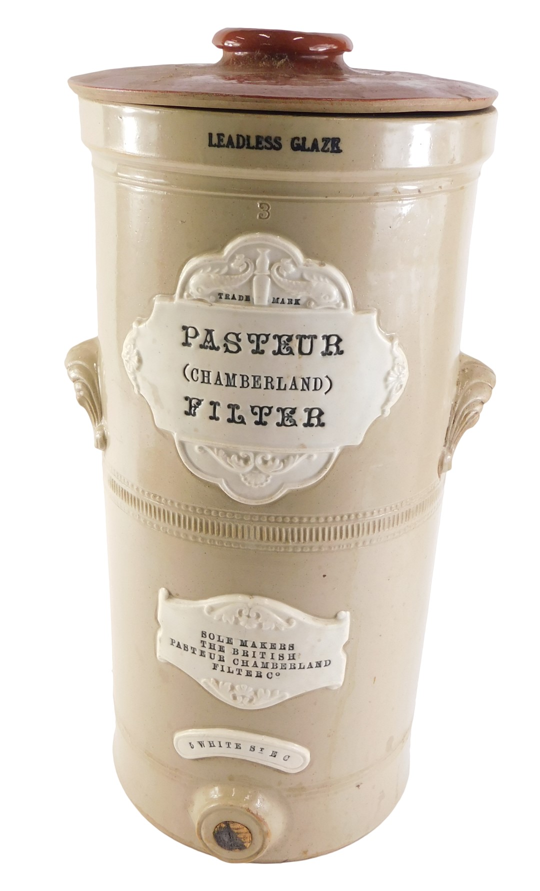 A Pasteur (Chamberland) stoneware water filter, with associated lid, 47cm high.