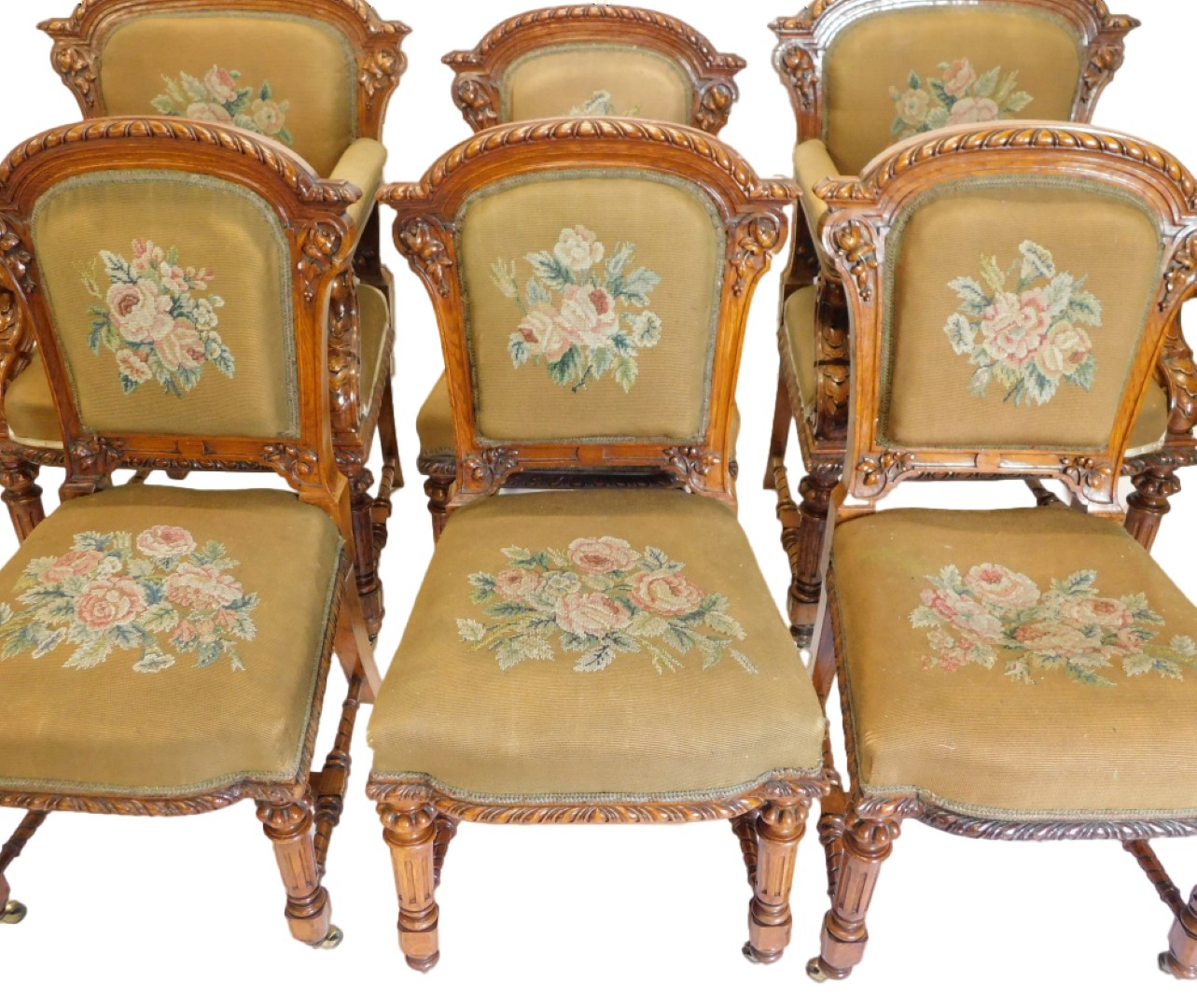 A set of fourteen Victorian elm and burr elm dining chairs, each with an arched gadrooned back with - Image 3 of 7