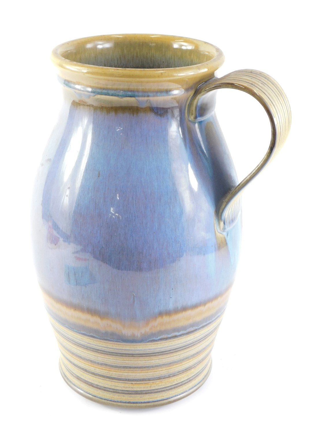 A large Denby purple and pale blue glazed jug or ewer, printed marks to underside, 36cm high.