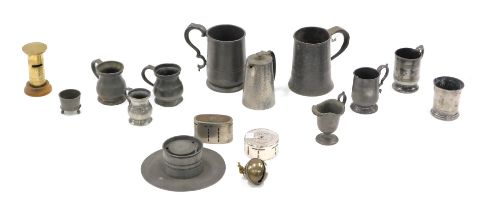 Various items of 19thC and later pewter, a metal animal bell, etc.