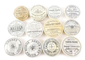 A collection of 19thC pot lids, for various types of toothpaste, to include Carbolic, Arecanut, and