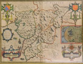 John Speede. An 18thC hand coloured map of Merionethshire, dated 1610, 39cm x 50cm, framed.