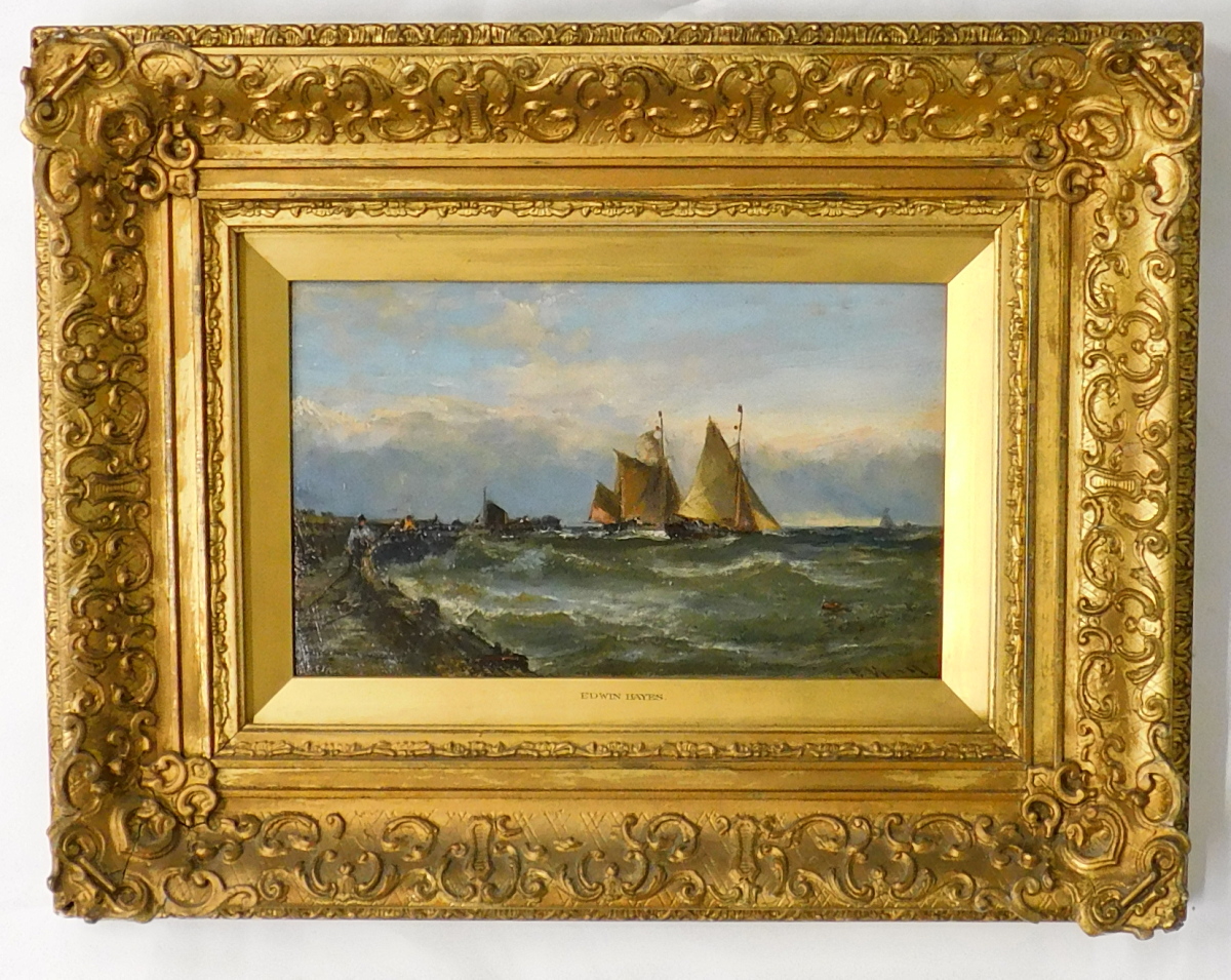 Edwin Hayes (1819/29-1904). North Sea trawlers leaving at Yarmouth Harbour, oil on board, signed and - Image 2 of 5