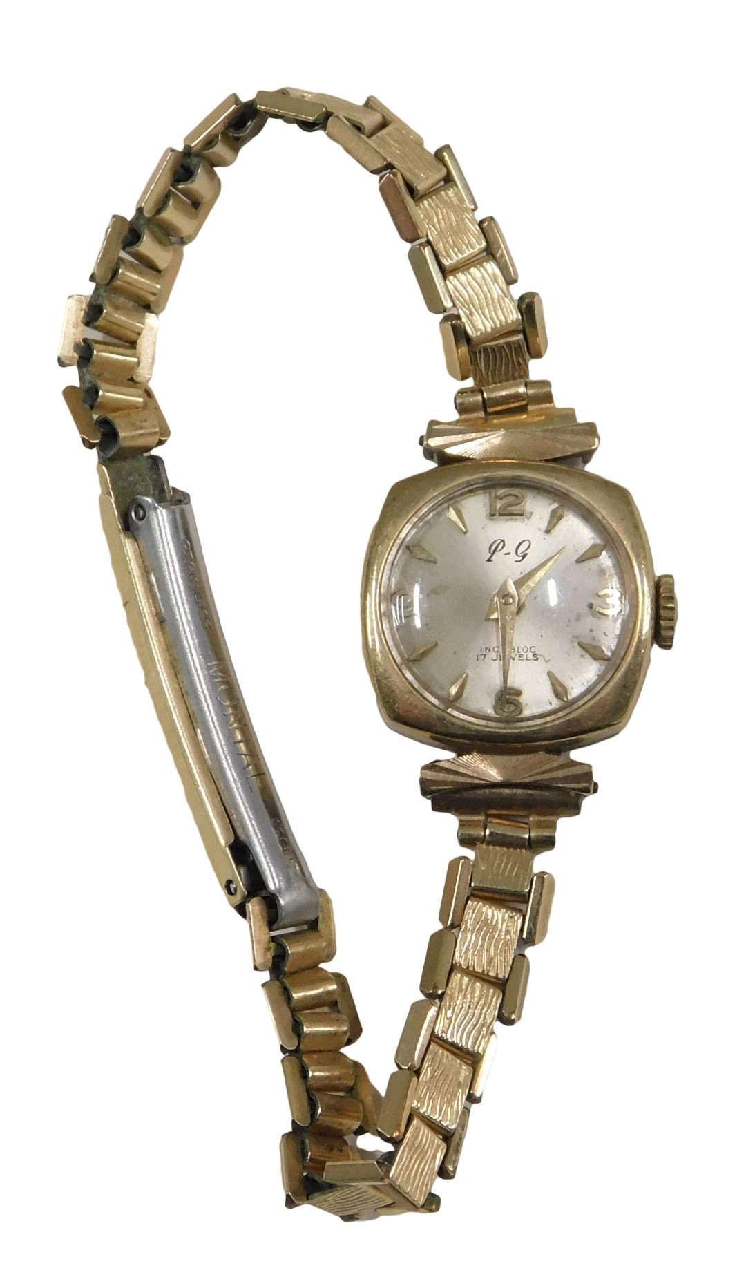 A PG lady's wristwatch, with a silvered numeric dial, in square case, 1.5cm diameter, yellow metal s