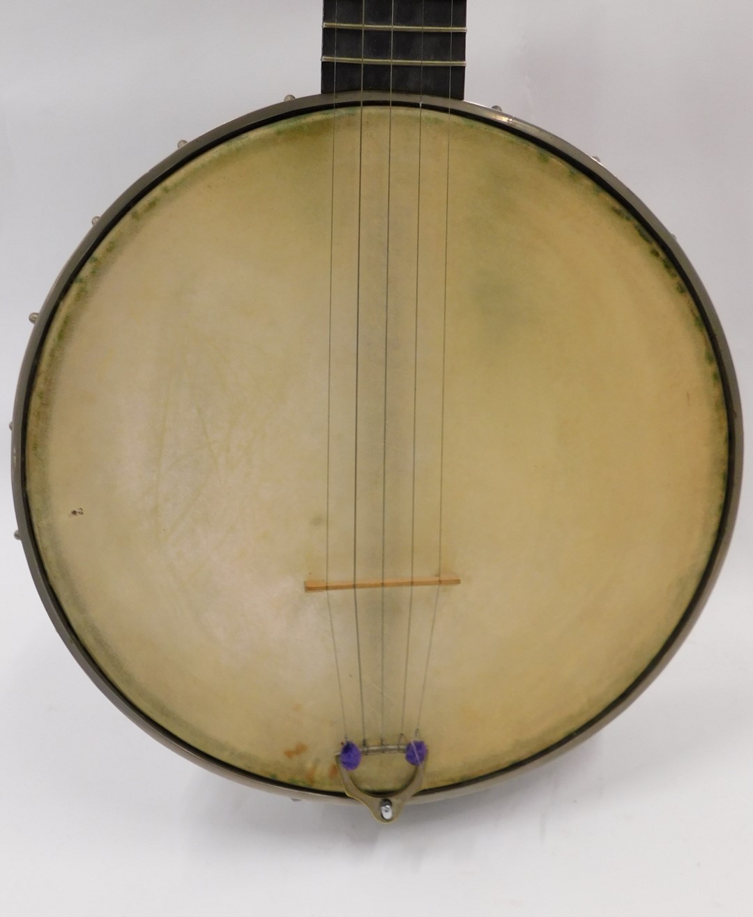 An AD Windsor Popular banjo, with ebonised and mother of pearl inlaid finger board, metal fittings, - Image 4 of 6