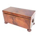 A 19thC mahogany tea caddy, of rectangular form, with a fitted cupboard and bowl interior, with bras