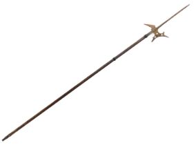 Withdrawn Pre Sale. Tribal Art. A spear, with arched axe top, on wooden handle, 232cm long.