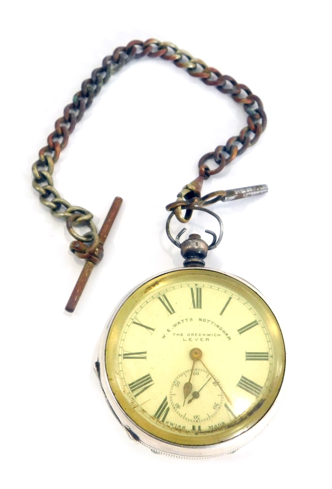 A WE Watts of Nottingham open face pocket watch, in silver case with engine engraved decoration and