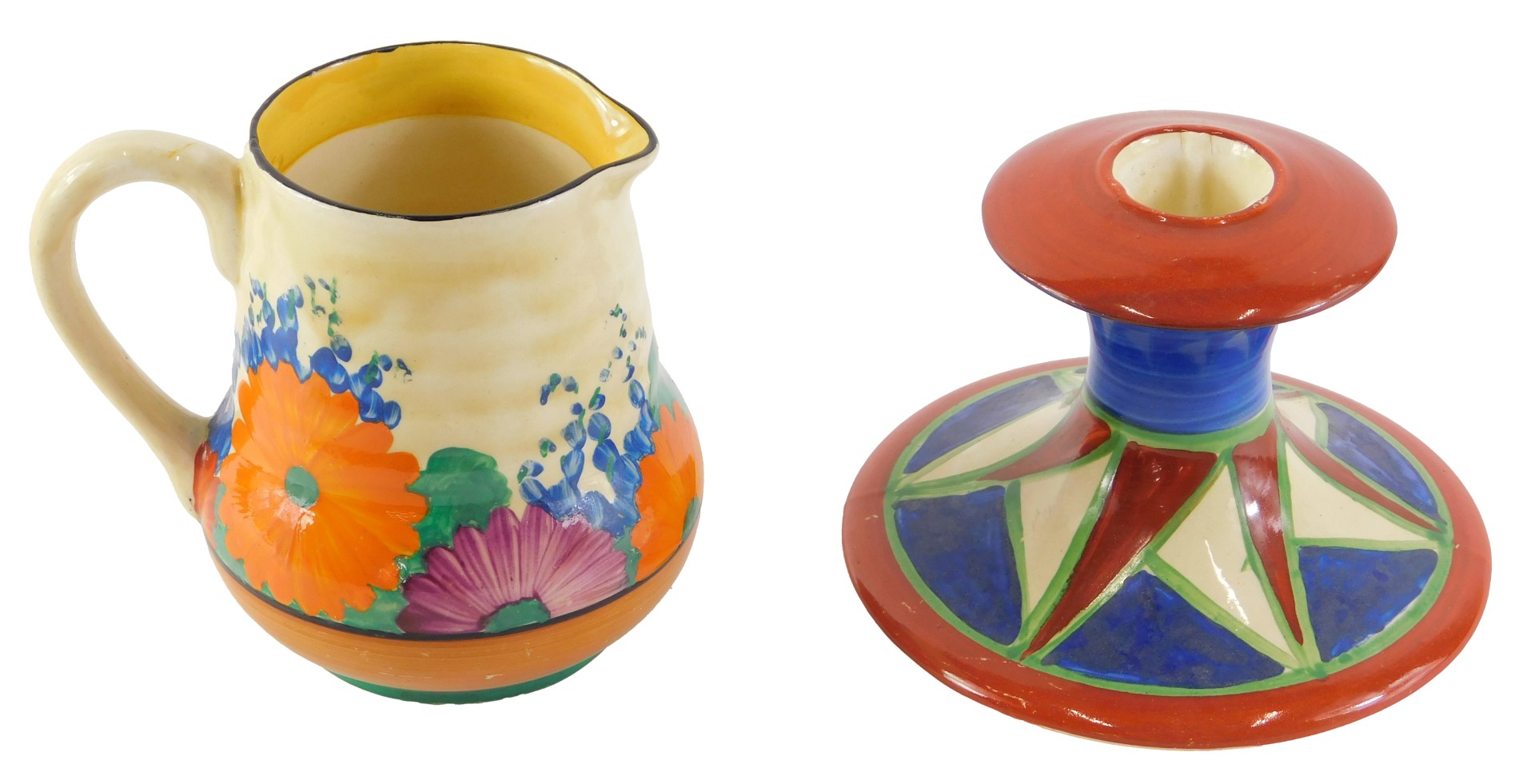 Two Bizarre by Clarice Cliff wares, comprising a candle stand, on a blue, green, red and cream groun