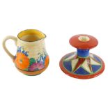 Two Bizarre by Clarice Cliff wares, comprising a candle stand, on a blue, green, red and cream groun