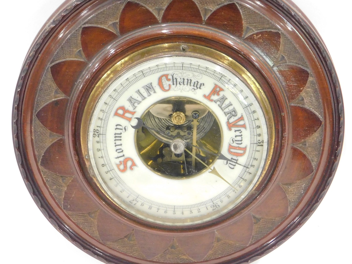 An early 20thC carved mahogany cased aneroid barometer, with opaque glass thermometer, 51cm high. - Image 2 of 3