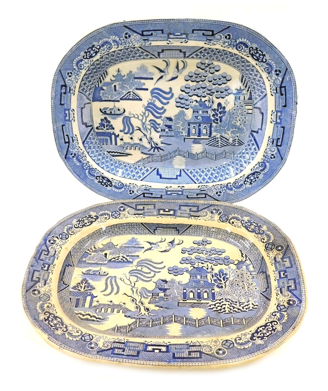 Two 19thC Real Old Willow pattern meat plates, 45cm diameter. (2)