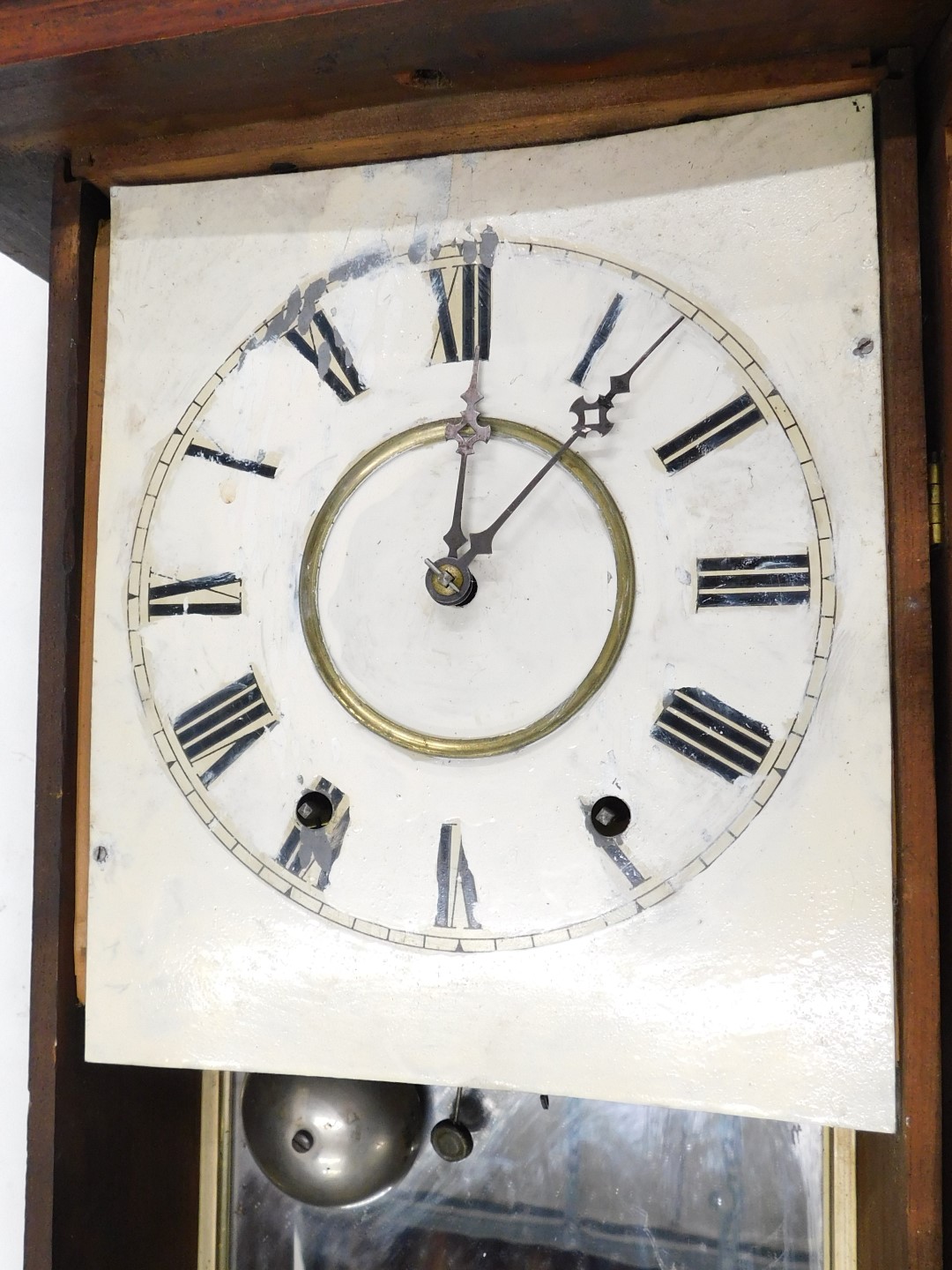 A 19thC American wall clock, with a painted dial, in carved walnut case, 106cm high. (AF) - Image 2 of 4