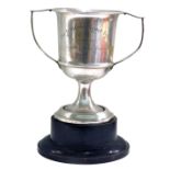 A St Aidan's Scout Group Committee Coronation silver cup, with two handles, on black ebonised socle