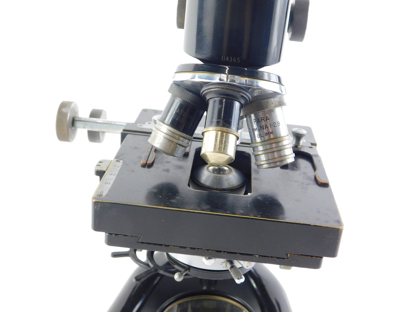 A Watson's binocular microscope, lacking some fittings, in mahogany case, the case 46cm high. - Image 3 of 7