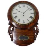 A 19thC American figured mahogany drop dial wall clock, the painted dial decorated with Roman numera