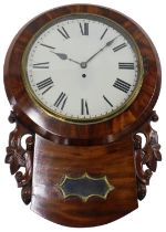 A 19thC American figured mahogany drop dial wall clock, the painted dial decorated with Roman numera
