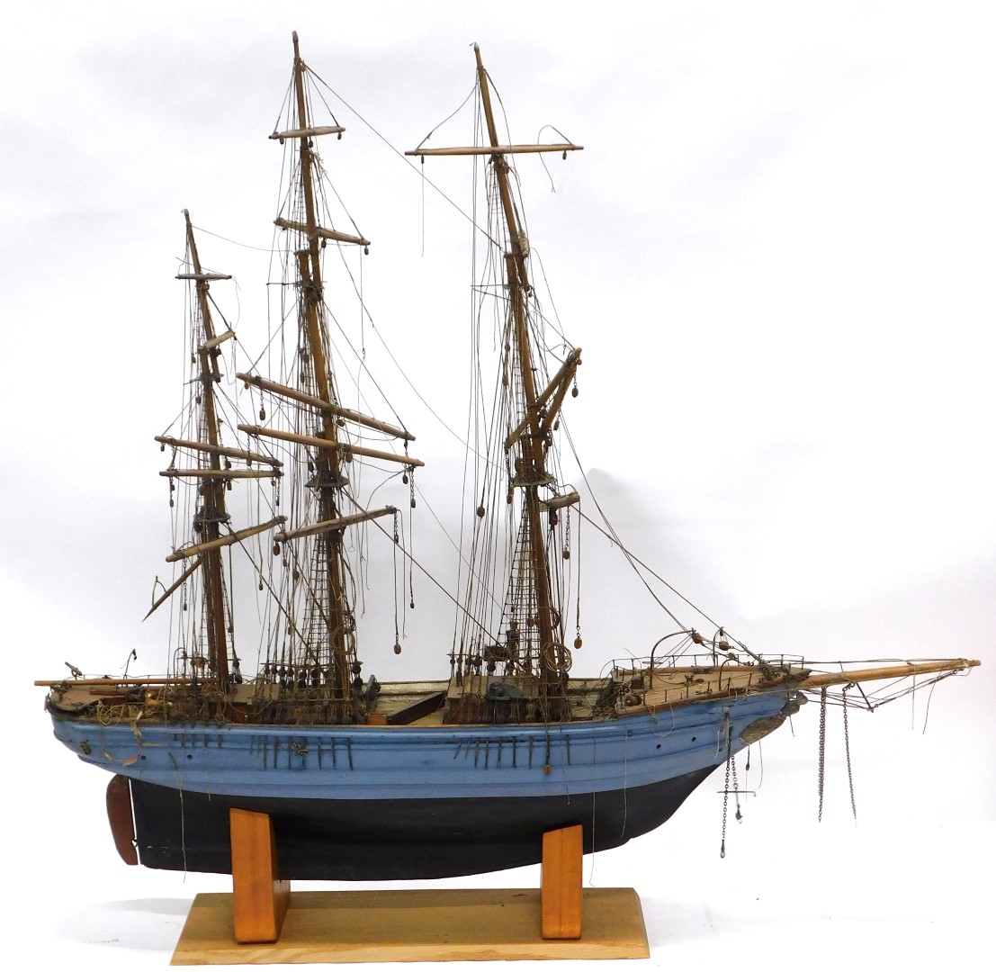 A large scratch built model of a three masted sailing ship, with blue and black painted hull, 110cm - Image 2 of 5