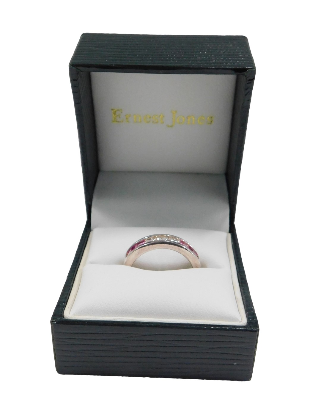 A dress ring, set with pink and white square set stones, channel set, on a white metal setting stamp - Image 2 of 4