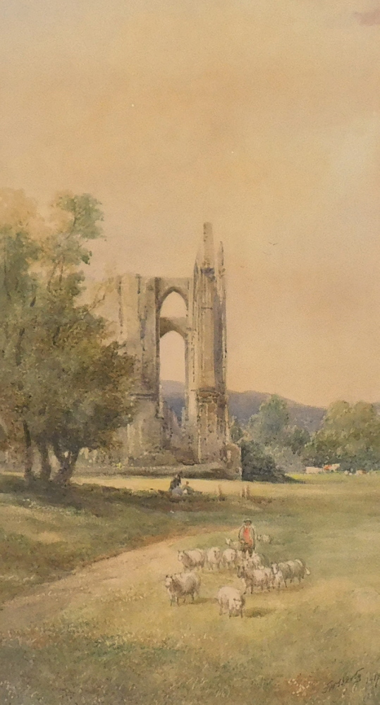 Frederick William Booty (1840-1920). Shepherd and sheep, Abbey ruin, possibly Bolton Abbey, watercol