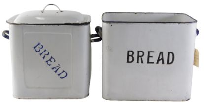 Two 20thC enamel bread bins, each on white with blue border, 34cm and 32cm wide. (2)