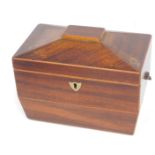 A 19thC mahogany and boxwood strung sarcophagus shaped tea caddy, the hinged lid enclosing two lidde