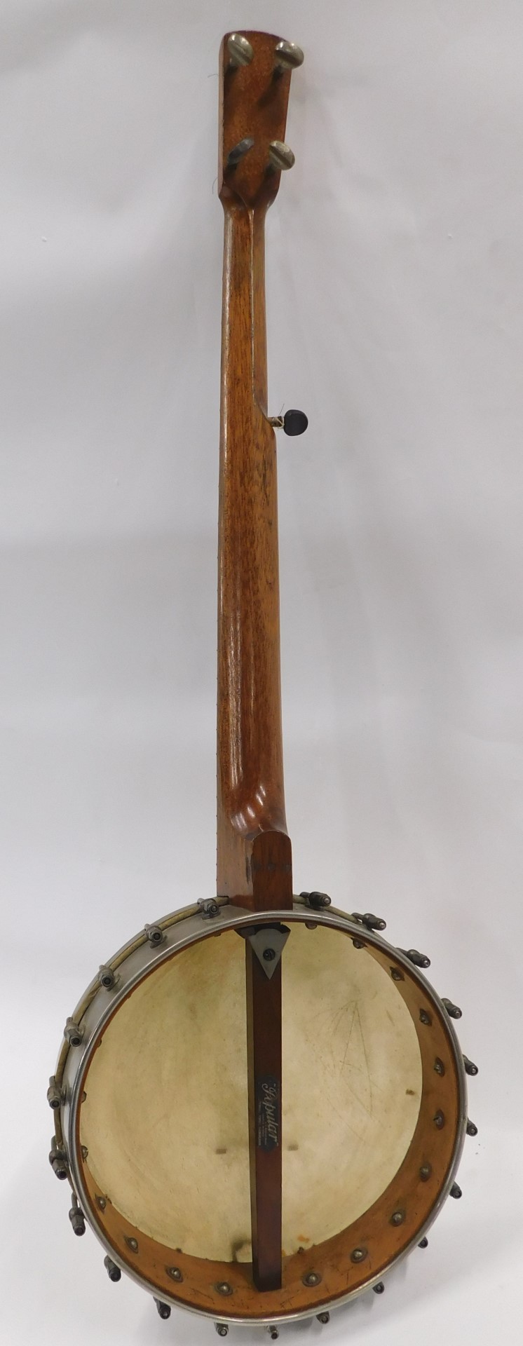 An AD Windsor Popular banjo, with ebonised and mother of pearl inlaid finger board, metal fittings, - Image 5 of 6