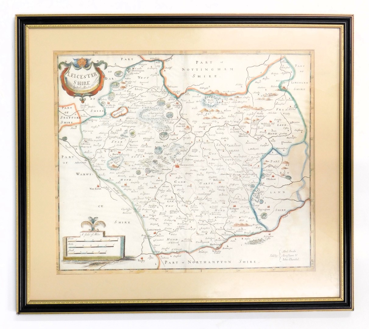 Robert Morden. A framed 19thC map of Leicestershire, hand coloured, 36cm x 40cm, framed and glazed. - Image 2 of 5