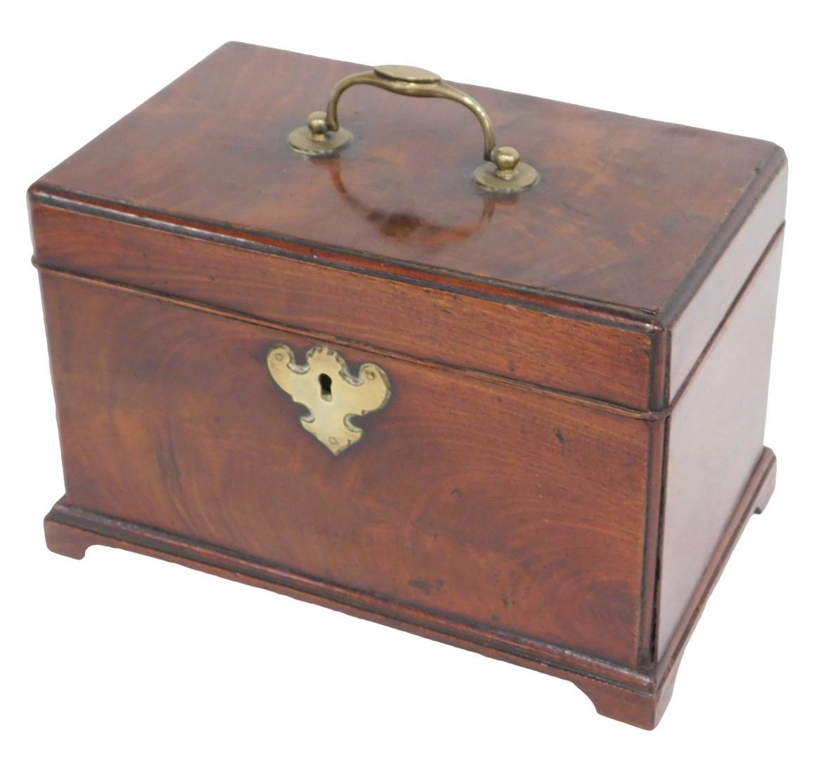 A George III mahogany tea caddy, the hinged top with a brass handle enclosing three divisions to the