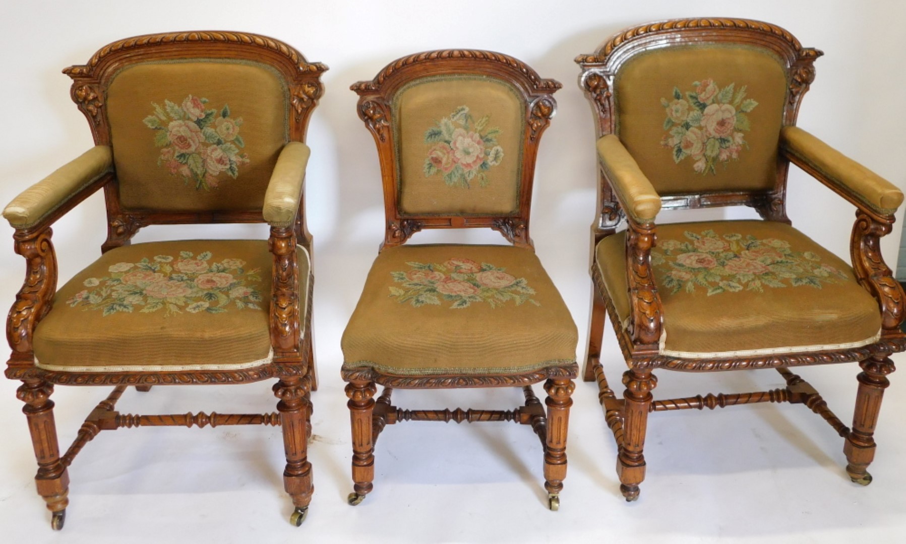 A set of fourteen Victorian elm and burr elm dining chairs, each with an arched gadrooned back with - Image 4 of 7