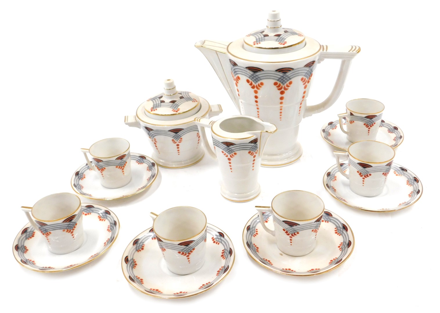 A Limoges Legrand & Co Art Deco coffee service, each piece decorated with arches in grey, black and
