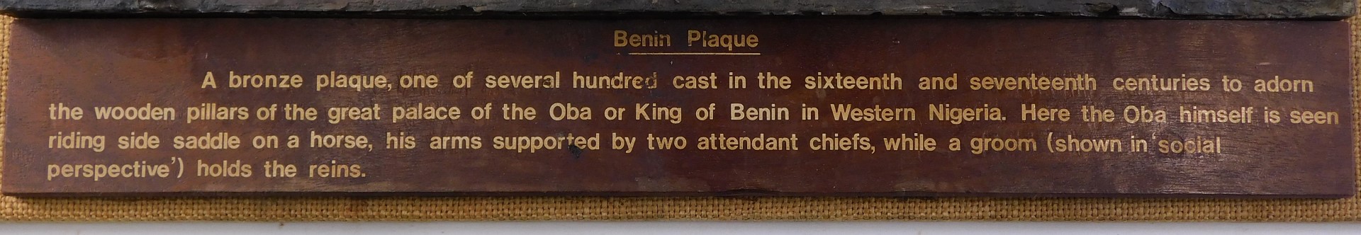 A museum replica model of the Benin plaque, mounted on cork board with informative panel, 49cm high, - Image 2 of 6