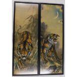 Oriental School. Tigers, watercolour - pair, inscribed, 120cm x 39cm.